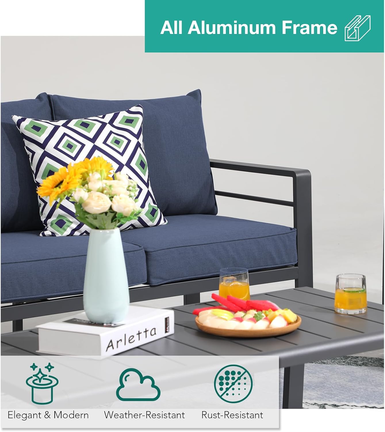 Patiorama Aluminum Patio Furniture Set, 2 PCS Outdoor Armchairs Single Sofa Couch, All Weather Dark Grey Metal Chair with Olefin Cushion, Deep Seating, 300 lbs Capacity, Deck, Garden-Blue Cushion