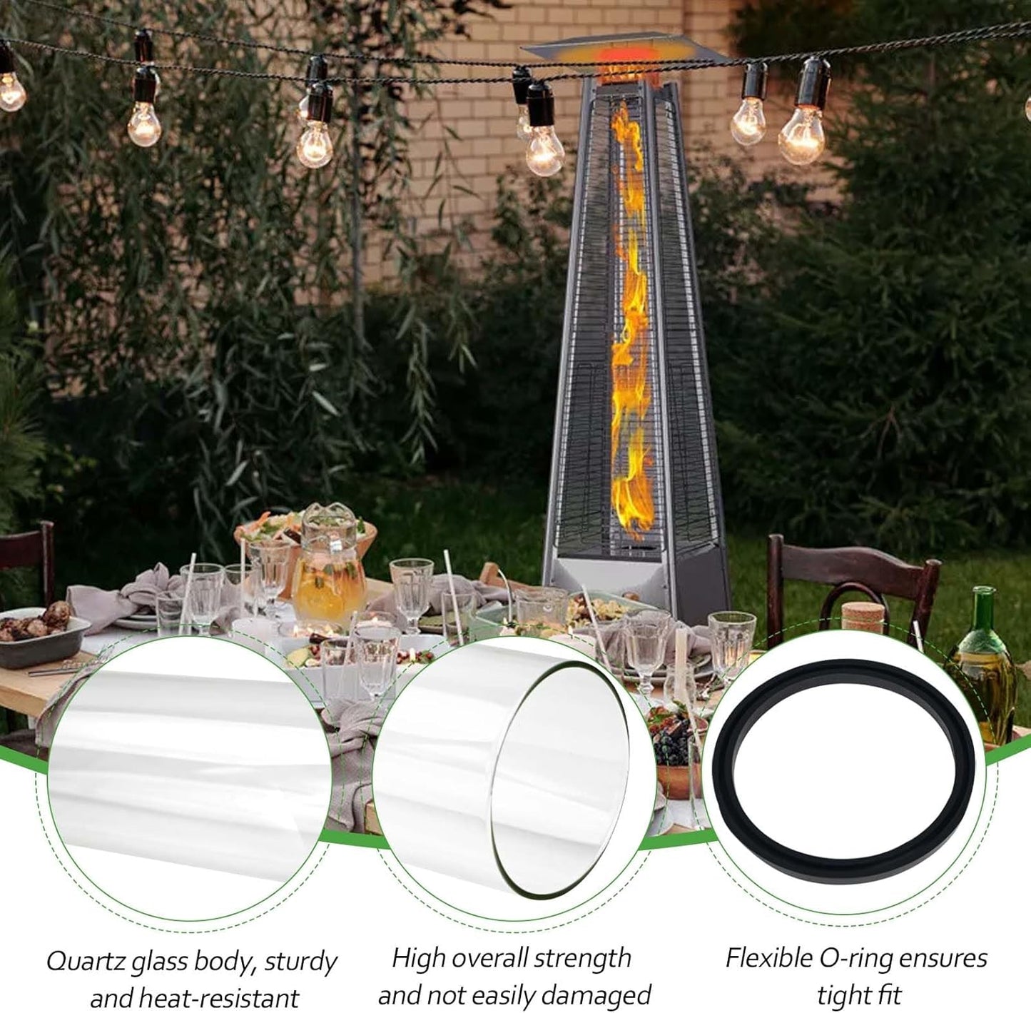 Patio Heater Glass Tube Replacement,49.5" Tall 4" Diameter with Silicone Connecting Ring Compatible with Four-Sided Pyramid Flame Outdoor Heater, Glass Tube Patio Heater for Hiland, Fire Sense