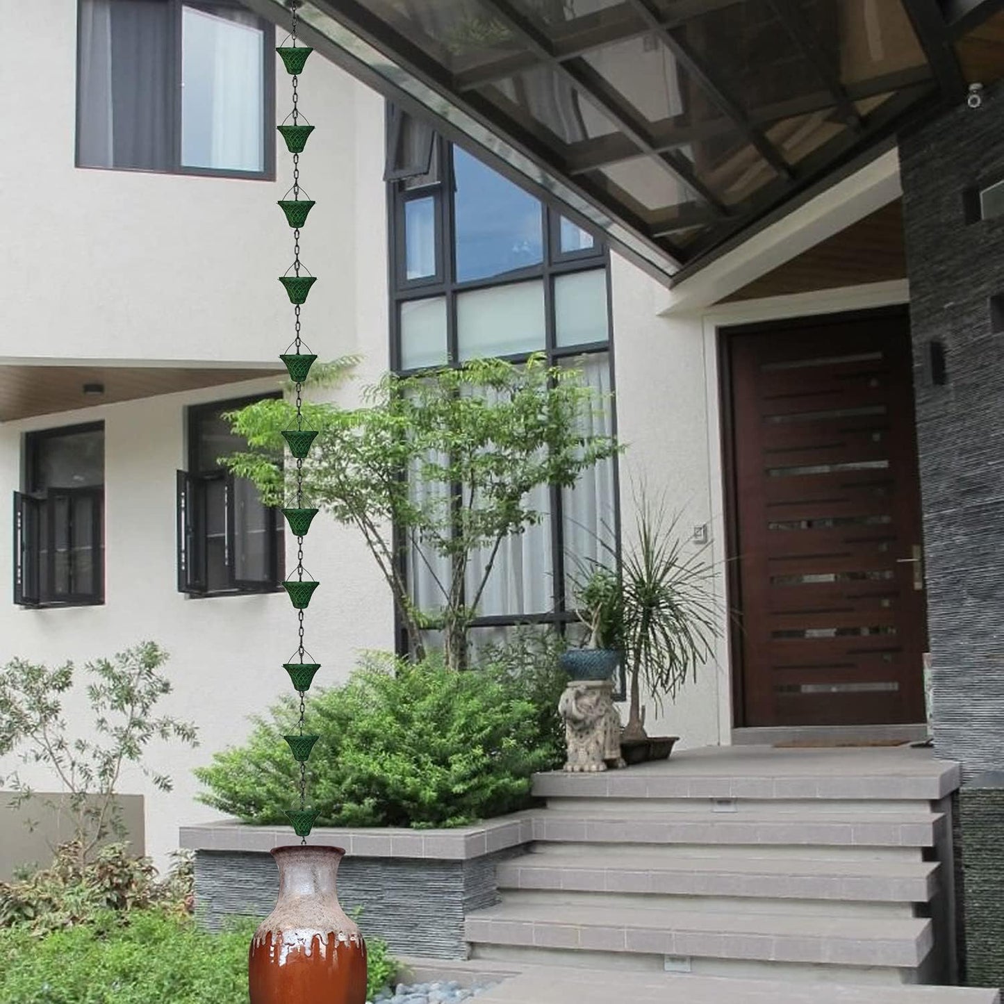 8.5FT Bell Iron Rain Chains for Gutter and Rain Barrel, Rust-Resistant Plated Garden Décor for Downspout, Bonus Rain Chain Gutter Adapter (Antique-Green)