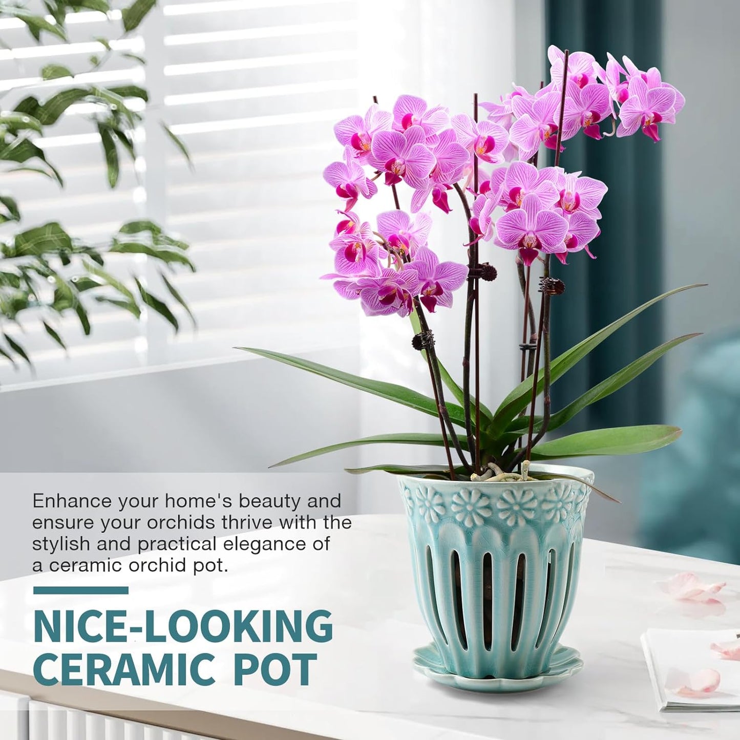 5" Ceramic Orchid Pot with Holes | Crackle Glazed Pot with Drainage and Separate Saucer | Ideal Plant Pot for Repotting Orchids and Other Flowers (Blue)