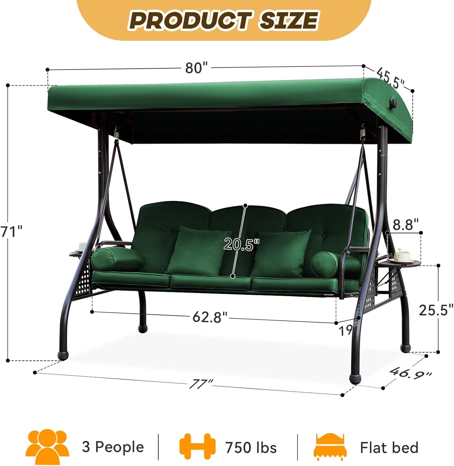 3 in 1 Patio Swing with Adjustable Canopy for Adults, 3 Seat Outdoor Swing with Thickened Cushions,Pillows & Cup Holders for Backyard, Porch, Garden (Green)