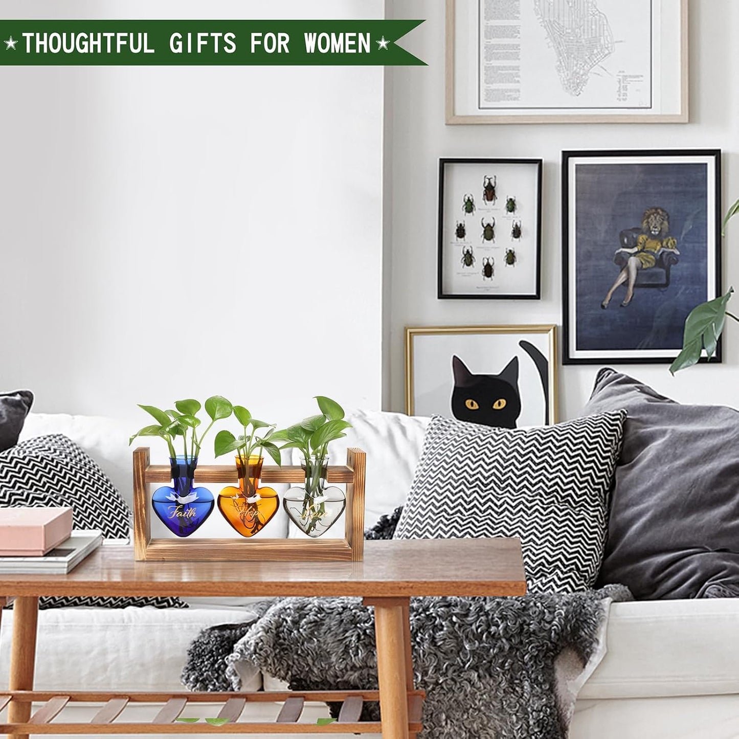 Plant Terrarium Propagation Stations Faith Hope Love Hydroponics Home Garden Decoration Gift for Women with Wooden Stand Heart Shaped Colored Glass Vase