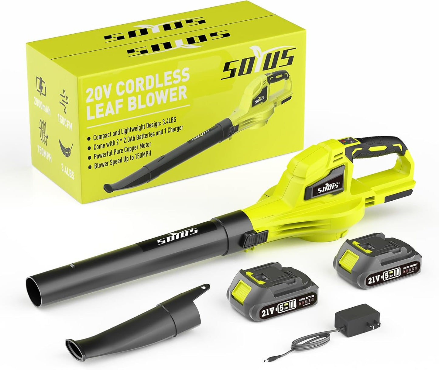SOYUS Leaf Blower, 20V Leaf Blower Cordless with 2x2.0Ah Battery and Charger, 150 MPH Electric Leaf Blowers with Two-Speed Mode, Blowers for Lawn Care, Debris Dust Cleaning(Green)