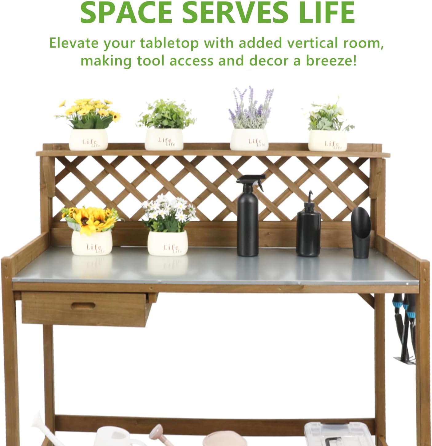 Garden Potting Benches & Tables,Outdoor Wooden Work Station W/Metal Table Top,Drawer,Large Bottom Shelf,Open Shelf Natural Wood-Natural Stained