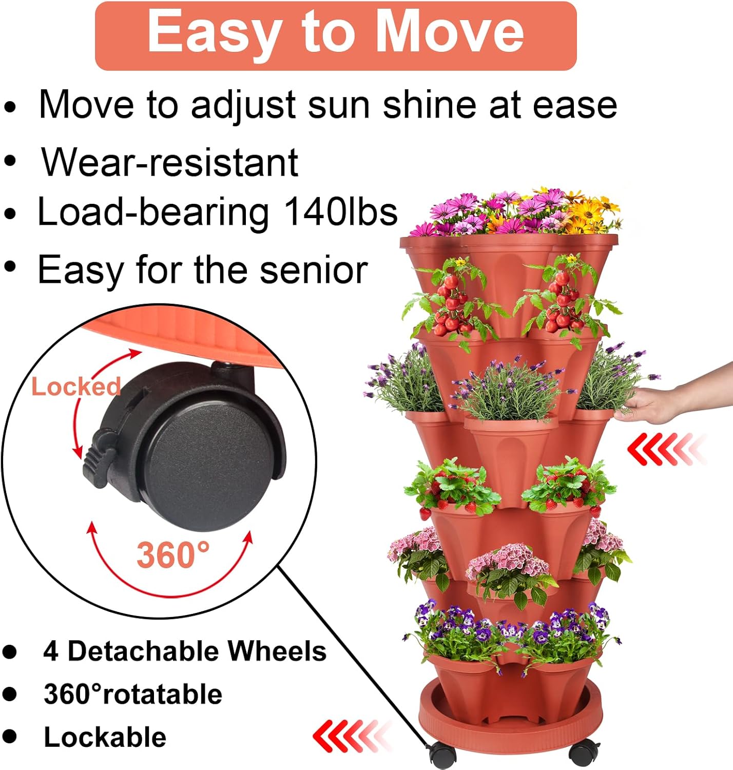 DUNCHATY Stackable Planters 6 Tier Vertical Garden Planting Tower Planters Strawberry, Herb, Flower, and Vegetable Planter Indoor Outdoor Gardening Pots with Removable Wheels and Tools, 2 Bundle