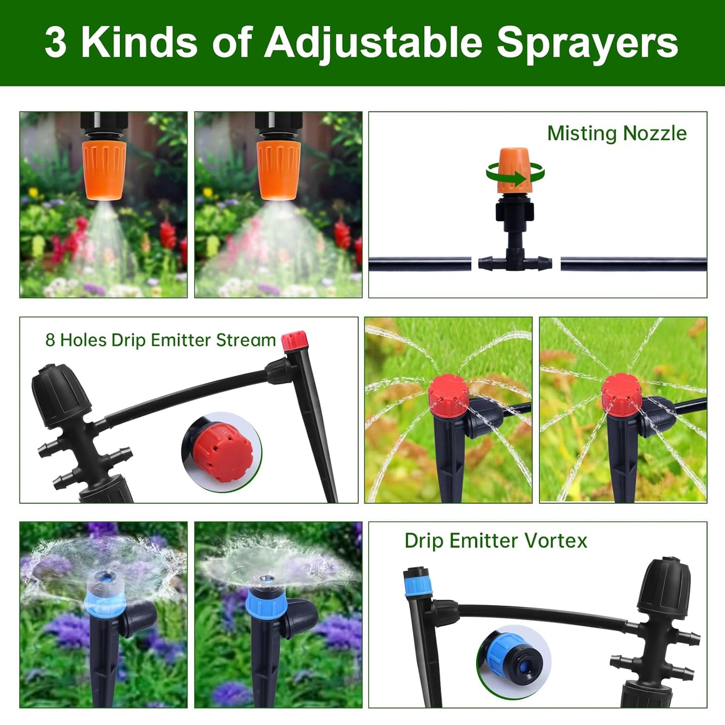 260 FT Drip Irrigation System Kit, Automatic Garden Watering System with 1/2" & 1/4" Tube for Greenhouse, Lawn, Raised Bed, Micro Misting Plant Sprinkler System, Adjustable Drip Emitters