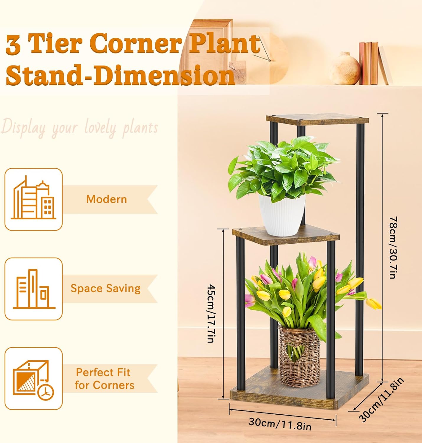 3 Tier Plant Stand Indoor, Metal Wood Tiered Corner Plant Stands Pot Holder, Wood Flower Shelf Orchid Display Rack for Living Room Bedroom Outdoor Balcony Garden Patio, Black