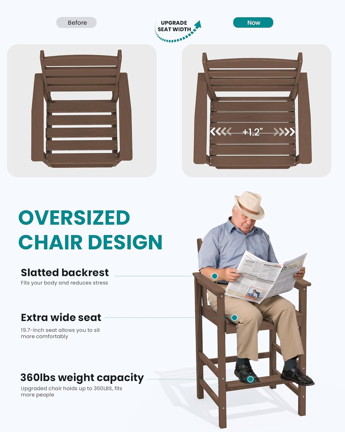 SERWALL Tall Adirondack Chairs Set of 2, Oversize Balcony Adirondack Chairs Set, Outdoor Bar Height Barstools Widened Chair Set for Bistro, Poolside, Garden, Brown
