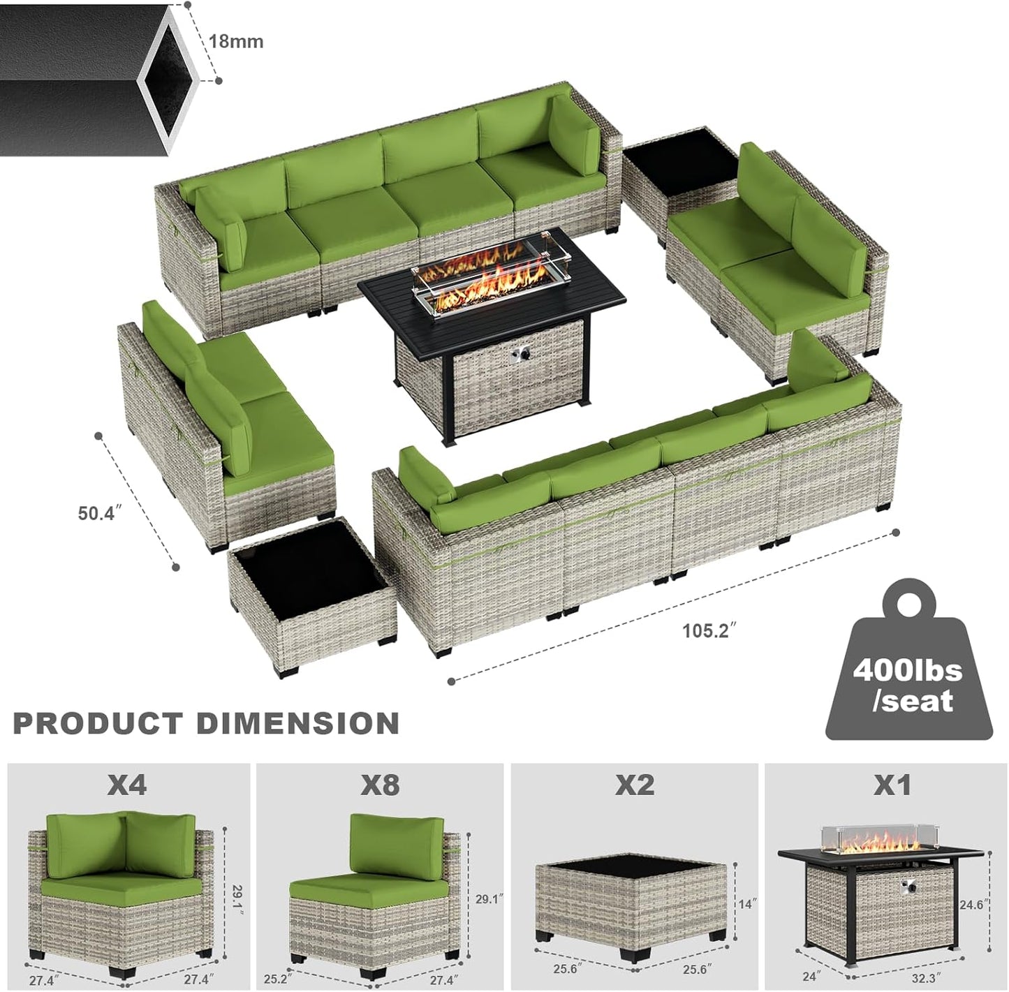 15-Piece Patio Furniture Set, Outdoor Patio Furniture with 55,000 BTU Fire Pit Table, Thick Cushions, Modular Patio Sofa, Dual-Strand Wicker Rattan, Rust-Resistant Frame, Grass Green