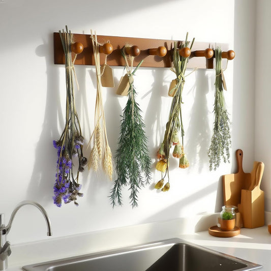 Rustic Hanging Herb Drying Rack–Space-Saving Design Holds 7 Bouquets,Fits Window,Door Kitchen Areas-Great for Kitchen Witches Herb Display-Unique Gift for Gardening Enthusiasts-Wall Art Décor