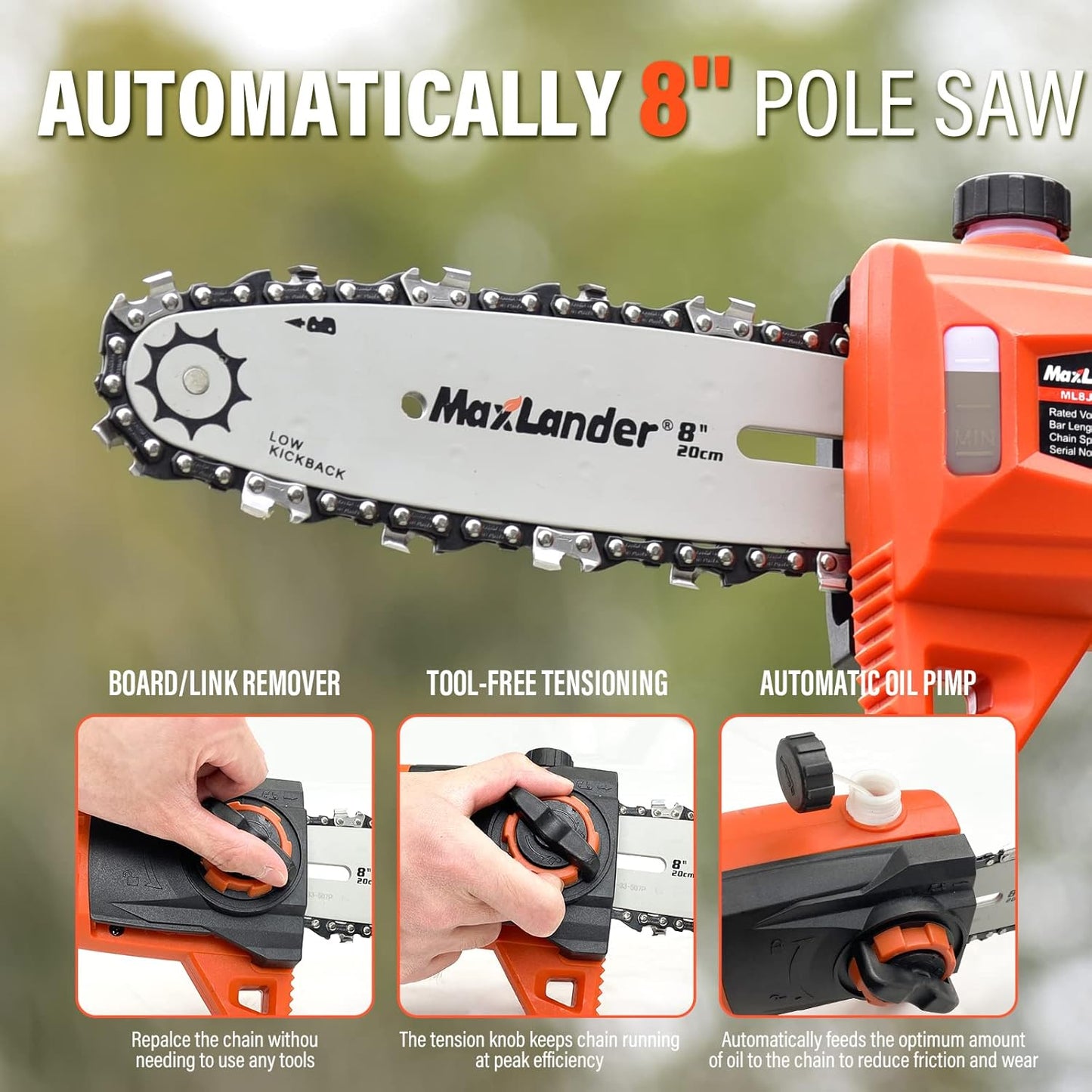 Pole Saw 8-Inch Cordless Pole Saws for Tree Trimming, 15-Feet MAX Reach Electric Pole Saw, 16ft/s Cutting Speed Auto Oiling Multi-Angle Pole Chainsaw with 2 x 20V 2.0Ah Battery & Charger