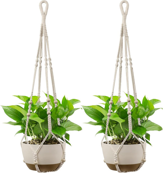 USLAI Macrame Plant Hanger Indoor Outdoor, Up to 4-15 inch Pot, Heavy 20lb Planters, Extra Long Strong Hanging Planter Basket, Boho Home Decor, 35 Inch, Ivory, Set of 2 (POTS NOT Included)