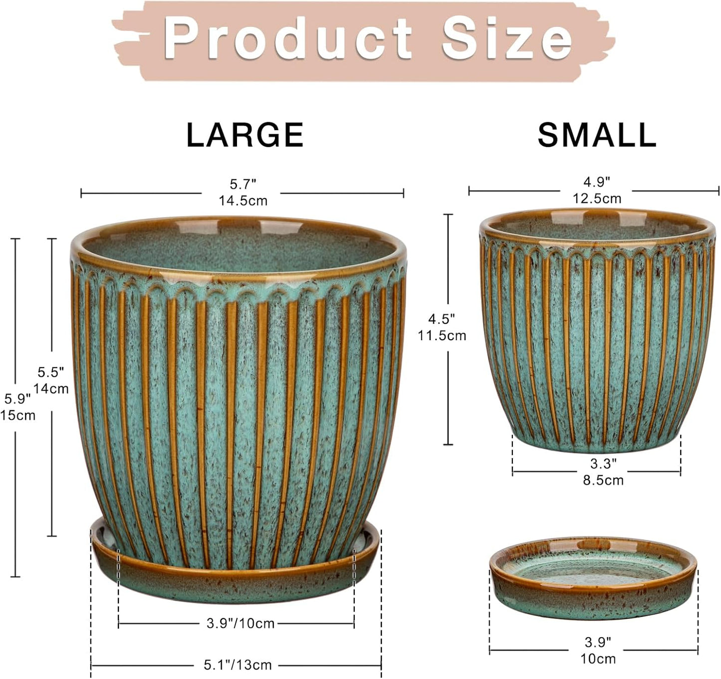 Oairse Ceramic Pots for Indoor Plants, 4.9 + 5.7 Inch Set of 2 Bluish Grey With Drainage Holes and Saucers, Texture Planters for Succulent, Indoor Outdoor Flower