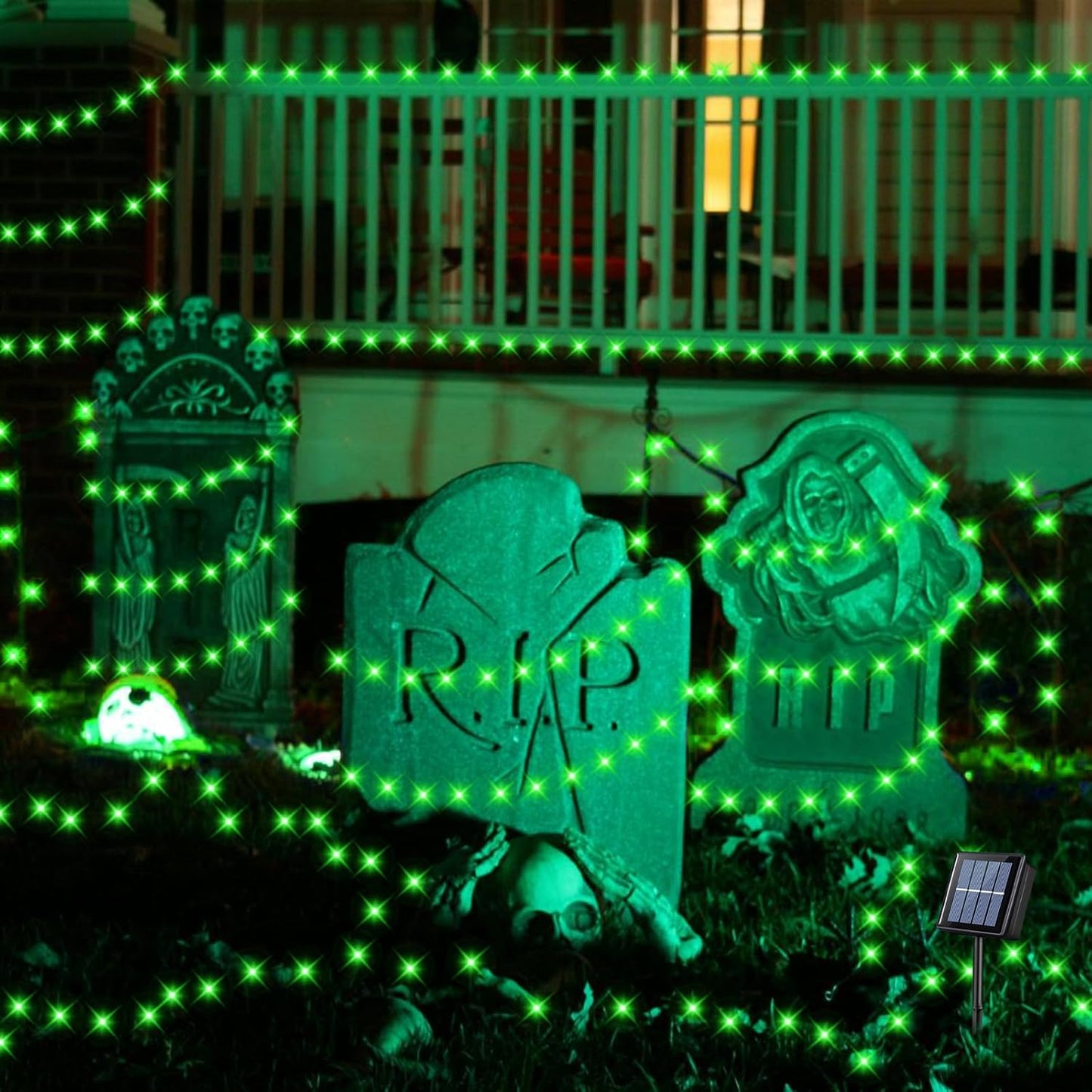 YEGUO Green Halloween Lights Outdoor Waterproof，4 Pack Each 33ft 100 LED Solar Fairy Lights, 8 Modes String Light for Outside