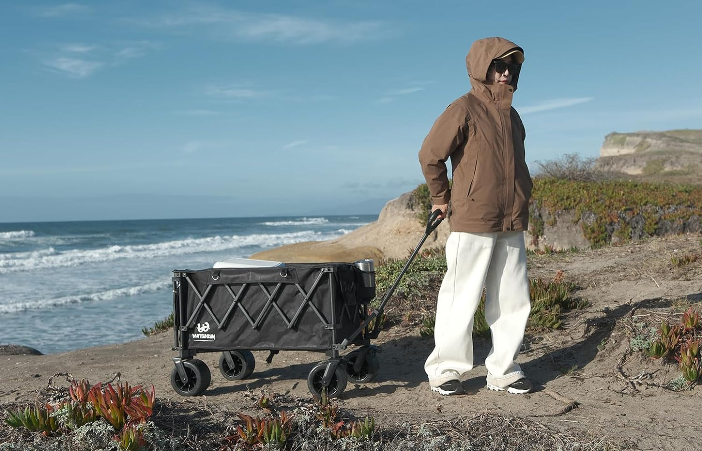 Whitsunday Collapsible Wagon with Tailgate and Big Wheel,Heavy Duty Utility Folding Wagons for Beach Camping Outdoor Black