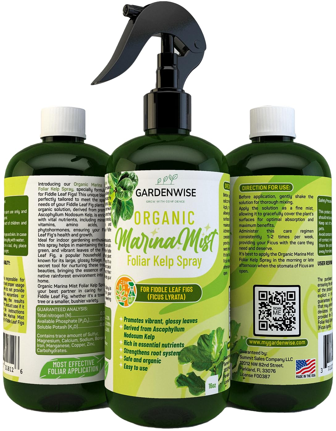 Organic Marina Mist Foliar Spray for Fiddle Leaf Fig and Other Ficus Trees | Micro Nutrients for Vital Health | Gentle Formula | Liquid Plant Food | Quick Results | Ready to Use (16 OZ)