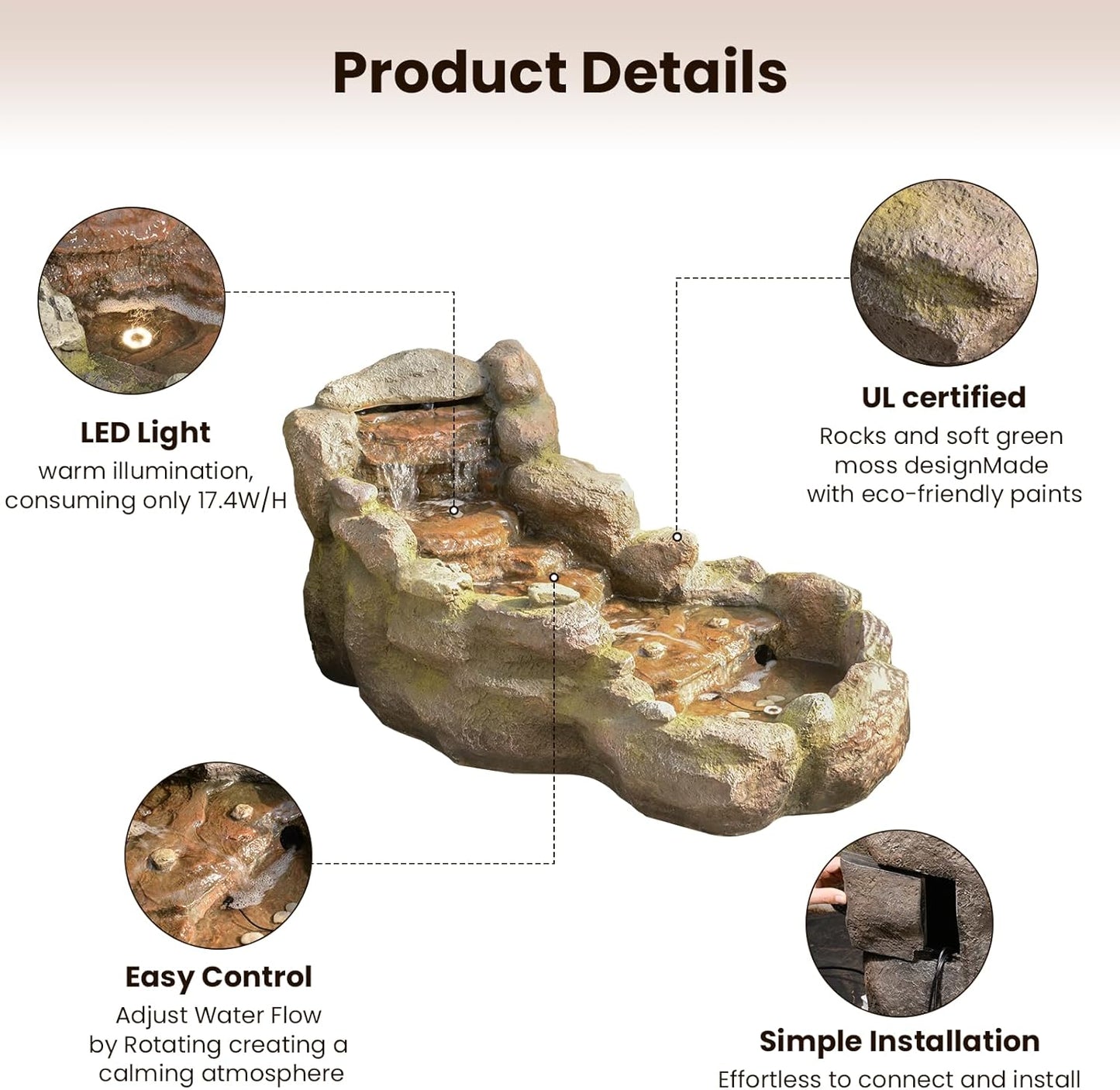 42 in Natural-Style Tier Garden Rock Water Fountain Outdoor, Floor-Standing Fountains That Feature Gentle Waterfall and LED Lights for Patio, Backyard, Deck, Porch, Home Décor