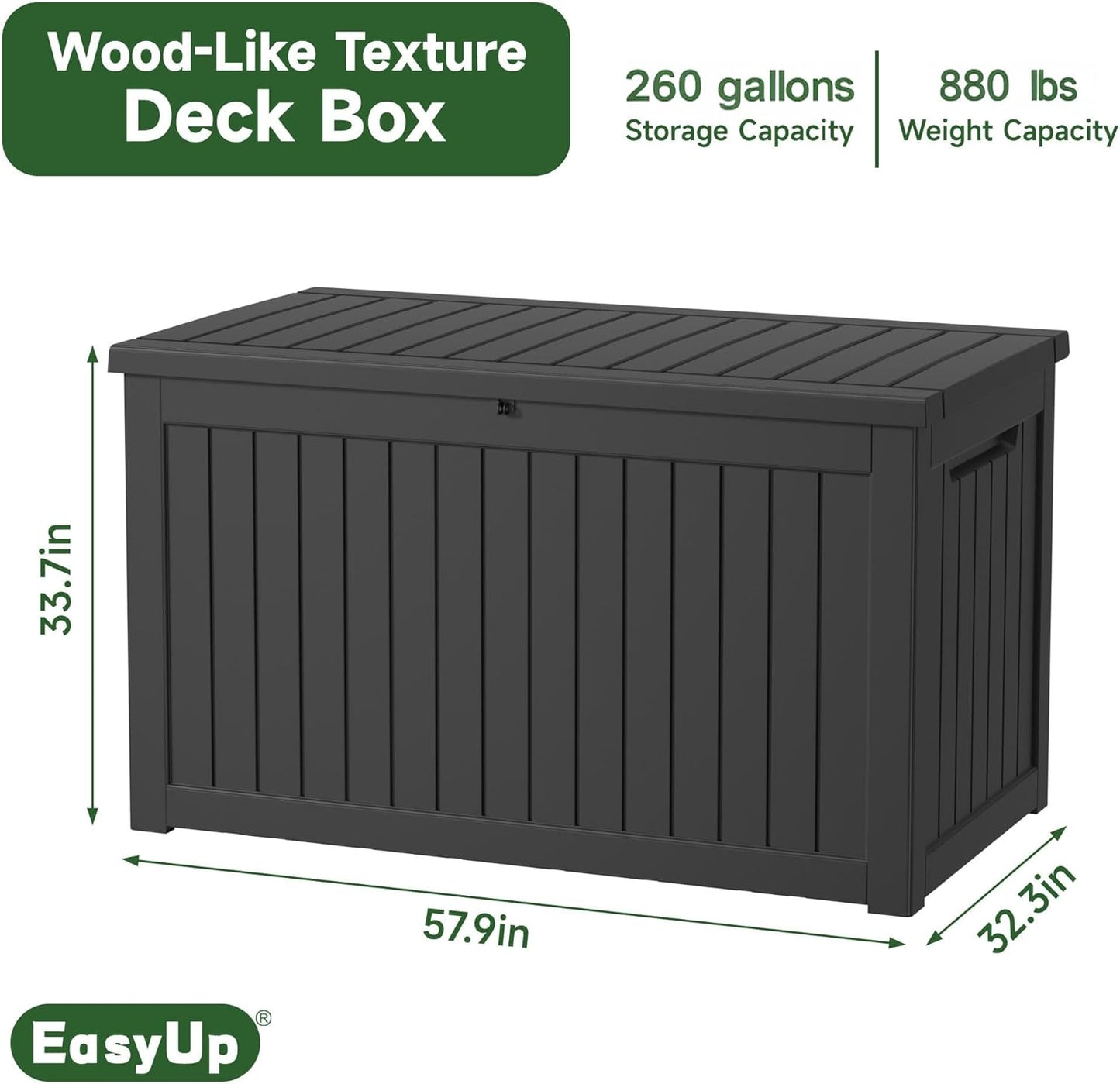 260 Gallon Outdoor Storage Box Waterproof, UV Resistant Resin Deck Box with Hydraulic Rod, Lockable Design and Enhanced Durability for Patio, Garden, and Poolside Use