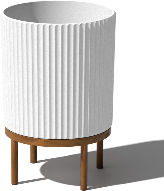 Veradek Demi Series Round Planter w/ Stand for Porch/Patio | Durable Plastic-Concrete & Wooden Stand | Modern Décor for Tall Plants, Flowers