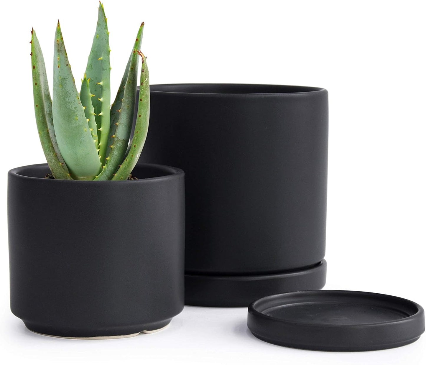 D'vine Dev 4.6 Inch & 6 Inch Ceramic Planter Pots for Plants with Drainage Hole and Saucer, Small Plant Pots Set, Black, 94-G-S-2