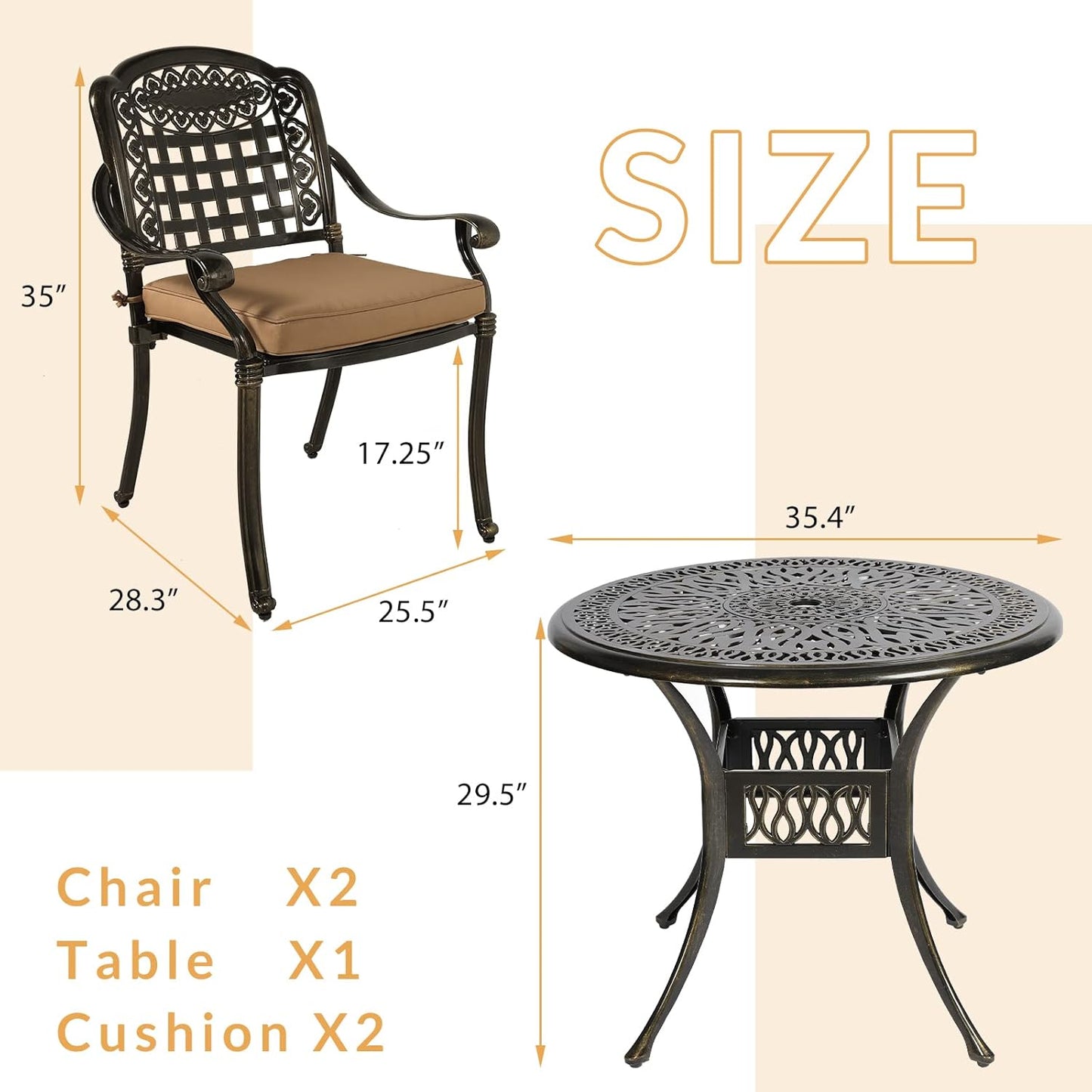3-Piece Outdoor Patio Dining Set, All-Weather Cast Aluminum Patio Furniture Set for Backyard Garden Deck with 2 Chairs and 35.4” Round Table, 2" Umbrella Hole