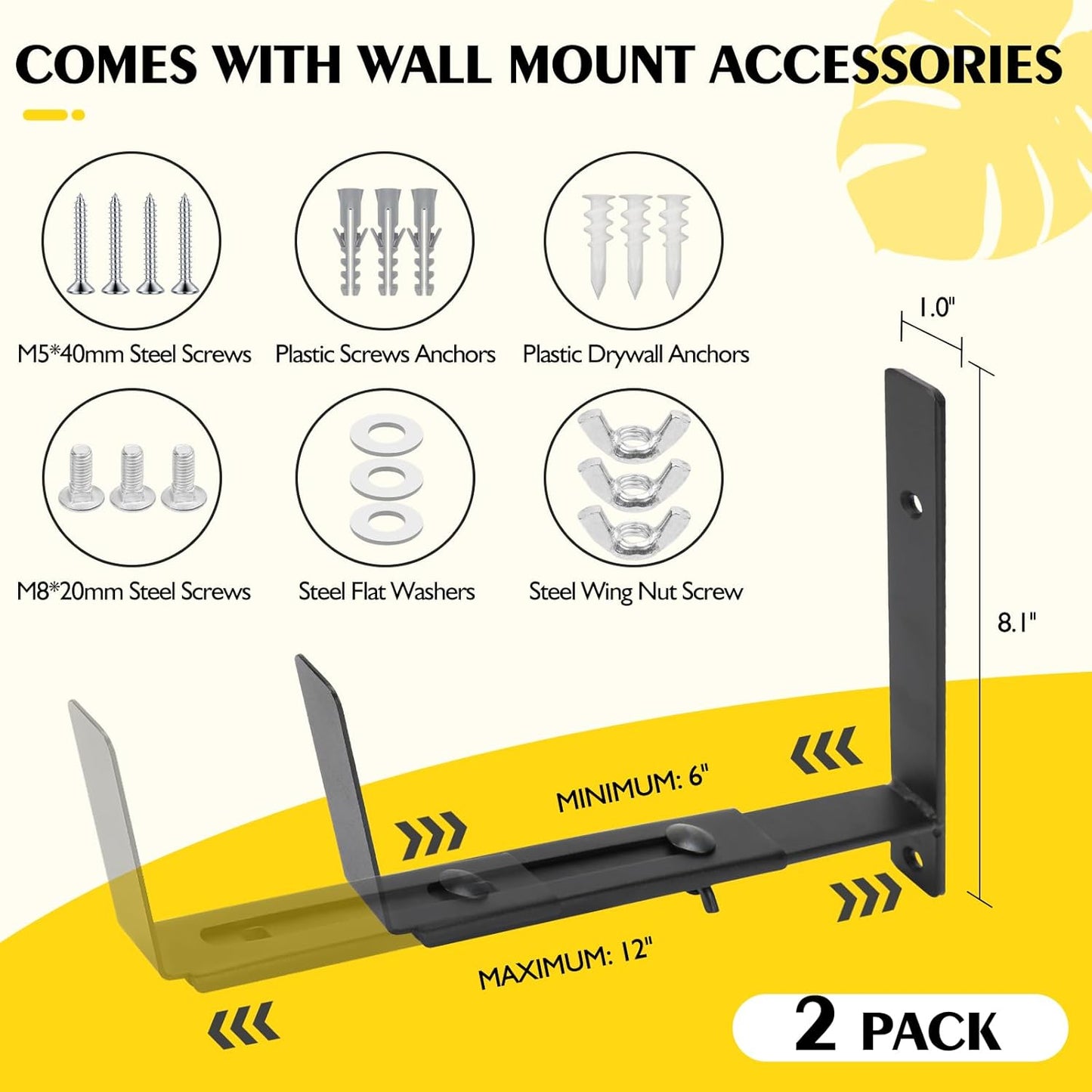 LukLoy Window Planter Box Brackets, 2 Pack Adjustable Heavy Duty Wall Mount Window Flower Boxes Outdoor with Bracket (6 to 12 in), with 70lbs Capacity, Black