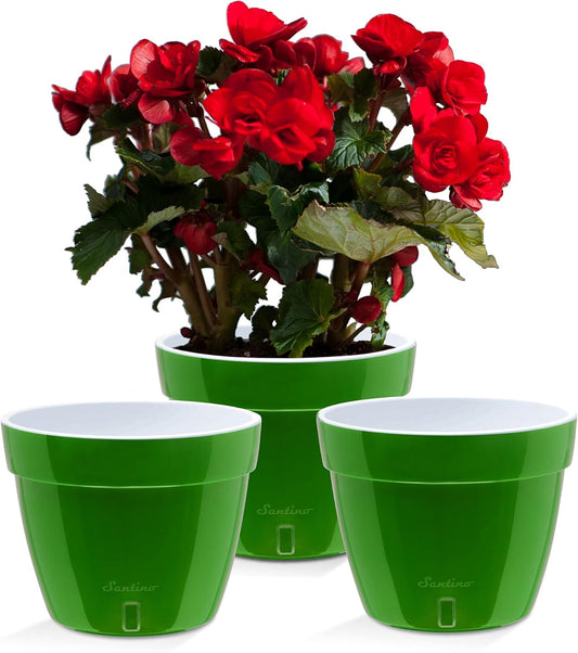 Santino ASTI 10.6 Inch Self Watering Planters Green-Gold/White (Set of 3) for Indoor Plants - Premium Quality Modern Plastic Pot w/Water Level Indicator for House Plants, African Violets and Dahlias