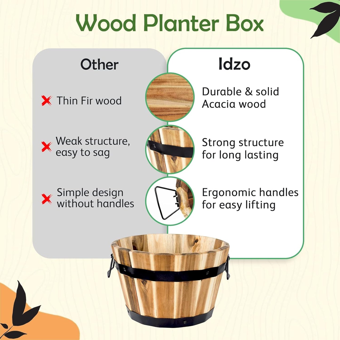 Idzo Set of 3 Wooden Flower Boxes Outdoor, Durable Acacia Wood Barrel Planters for Outdoor Plants with Ergonomic Handles, Drainage Holes, Multiple Sizes Wood Bucket Planter for Home Decor