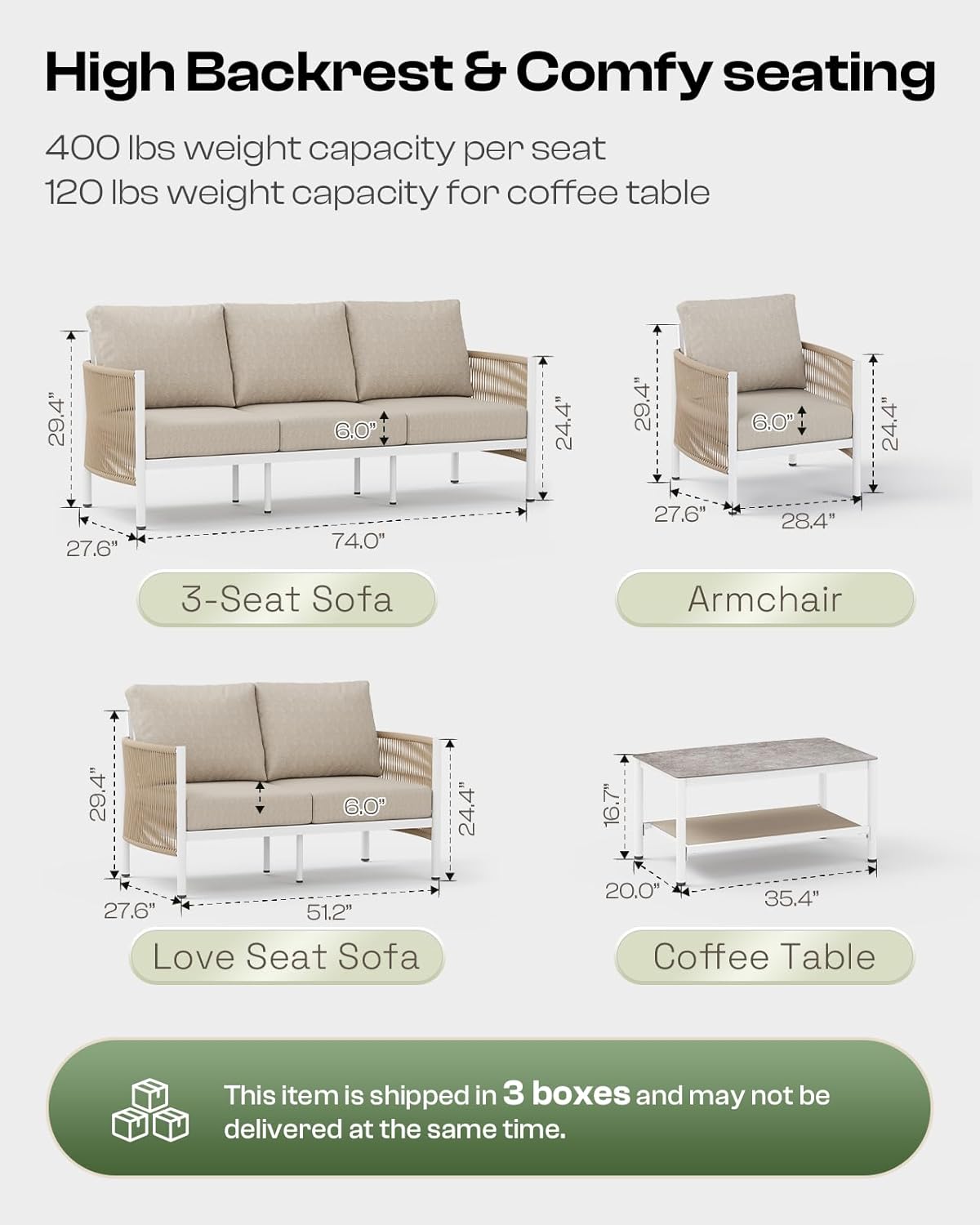 Aluminum Outdoor Patio Furniture Set, HDPE Rope 4 Piece Modern Sectional Conversation Sets with Dual-Layer Coffee Table, All Weather Patio Couch Sofa with Thick Cushions, White Frame, Ivory