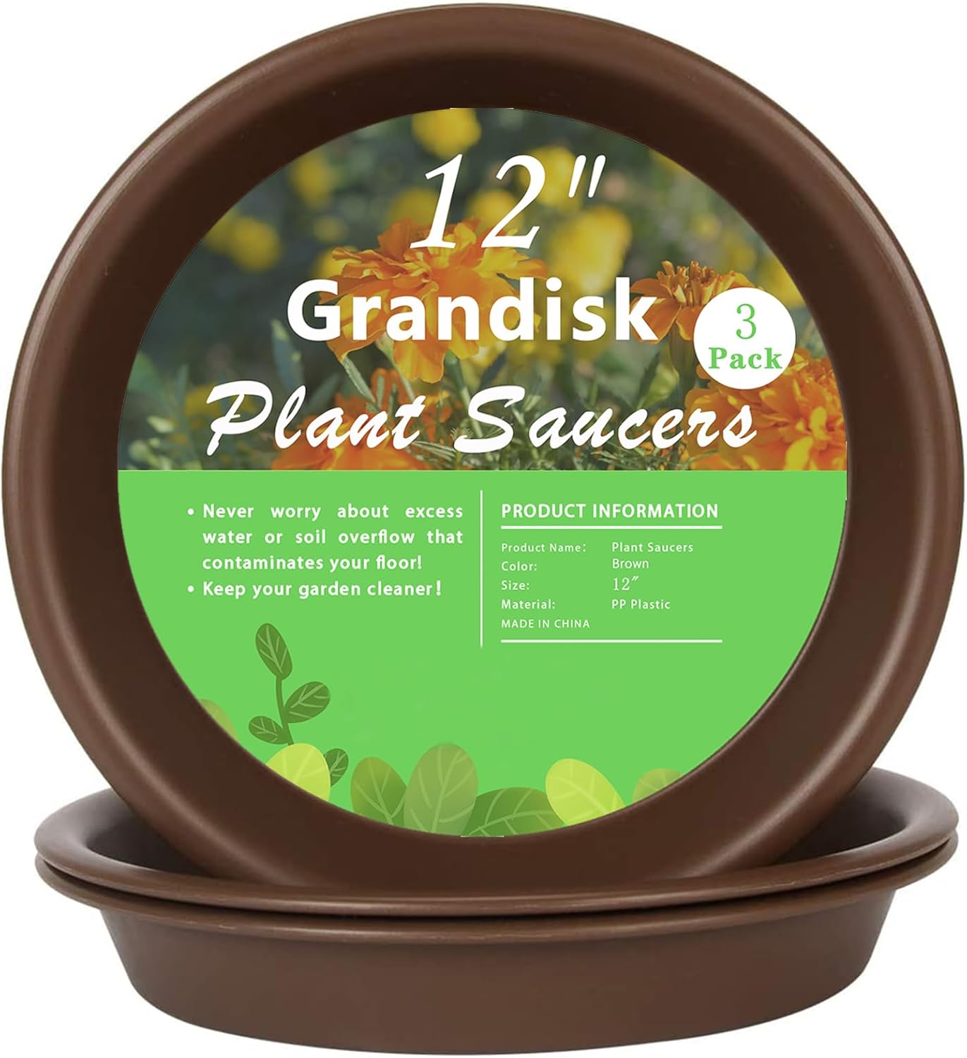 Plant Saucer 12 inch, Heavy Large Planter Durable Thicker Plastic Plant Trays for Indoors and Outdoor, Plant Saucer Drip Trays,Brown (12" - 3 Pack)