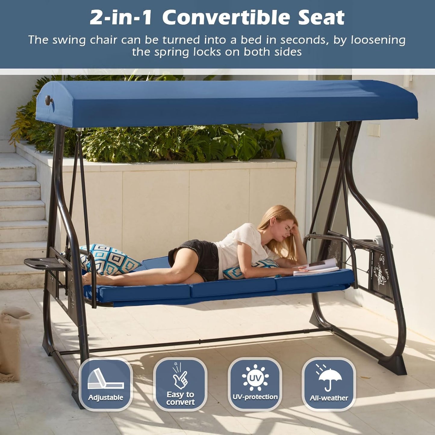 3-Seat Patio Porch Swing 800LBS Outdoor Swing with Stand w/Canopy & Adjustable Backrest Patio Glider Chair w/Removable Pillows & Foldable Side Tray for Balcony Garden Deck (Blue)