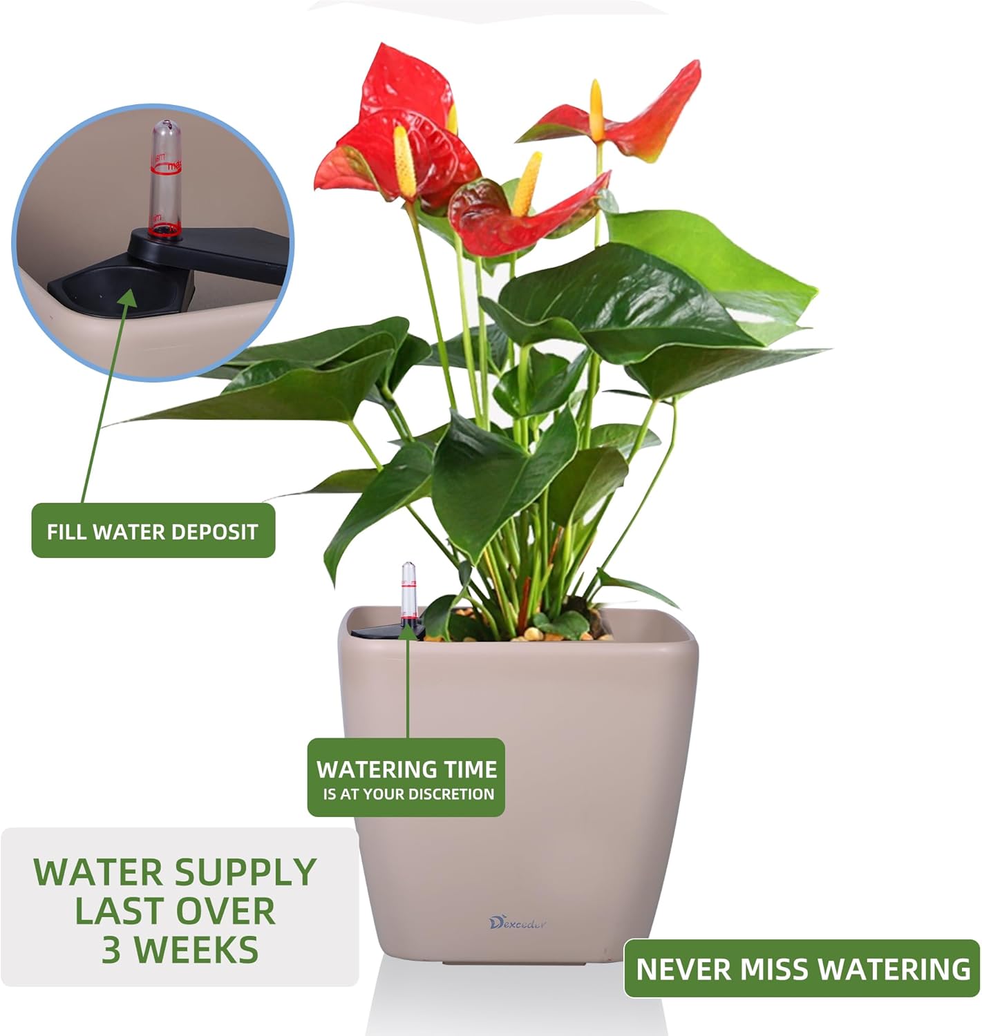 Dexceder 13x12 Self Watering Planter with Wheels Indoor Outdoor, Inner Mat Design, Thickened Large Floor Standing Flower Plant Pot with Water Level Indicator (Taupe Matte)