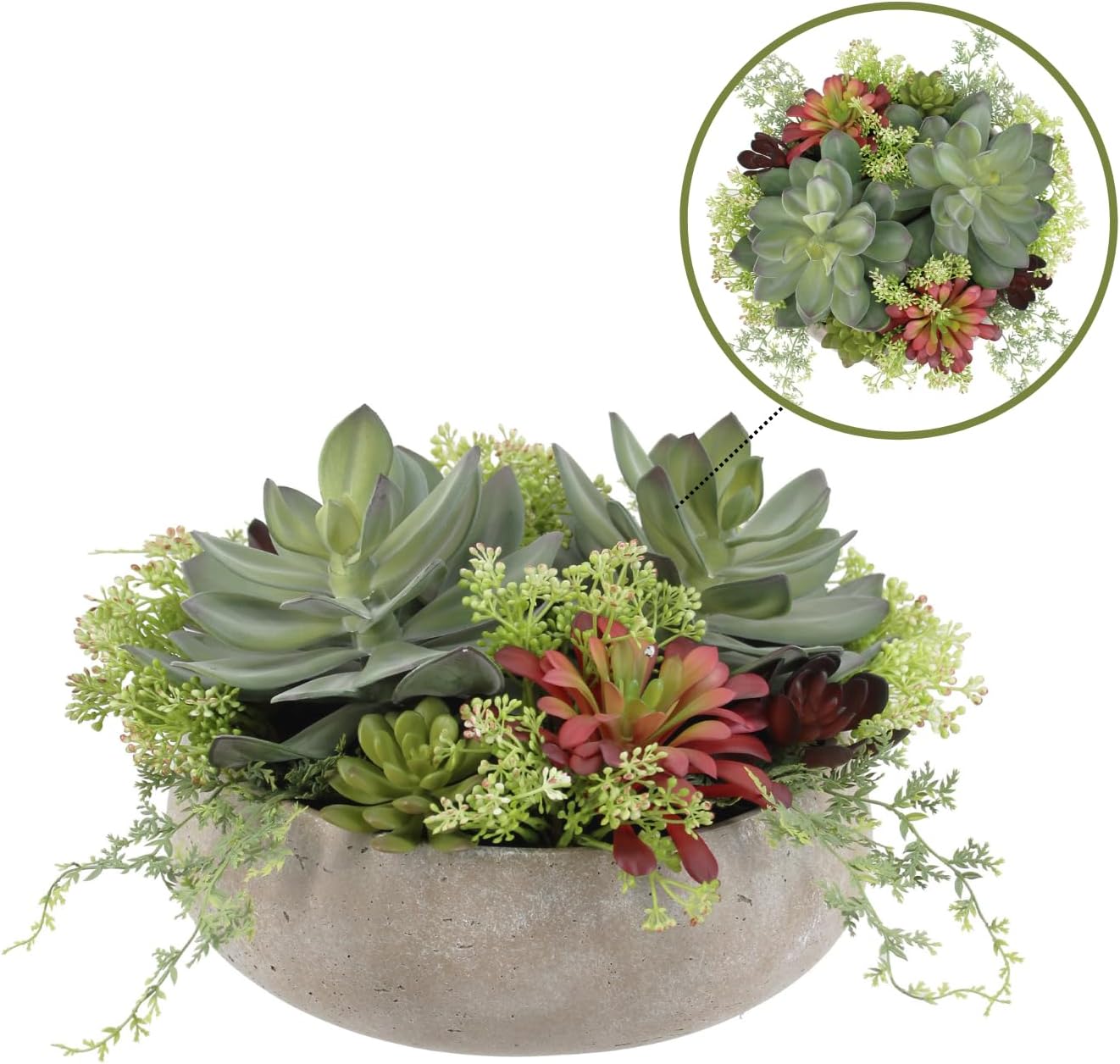 Round Faux Succulent Arrangement, 14" Premium Artificial Indoor Plant Enhances Interior Design, Display on Any Surface in Your Home Adding an Inviting Touch of Nature, Natural Planter Pot Included