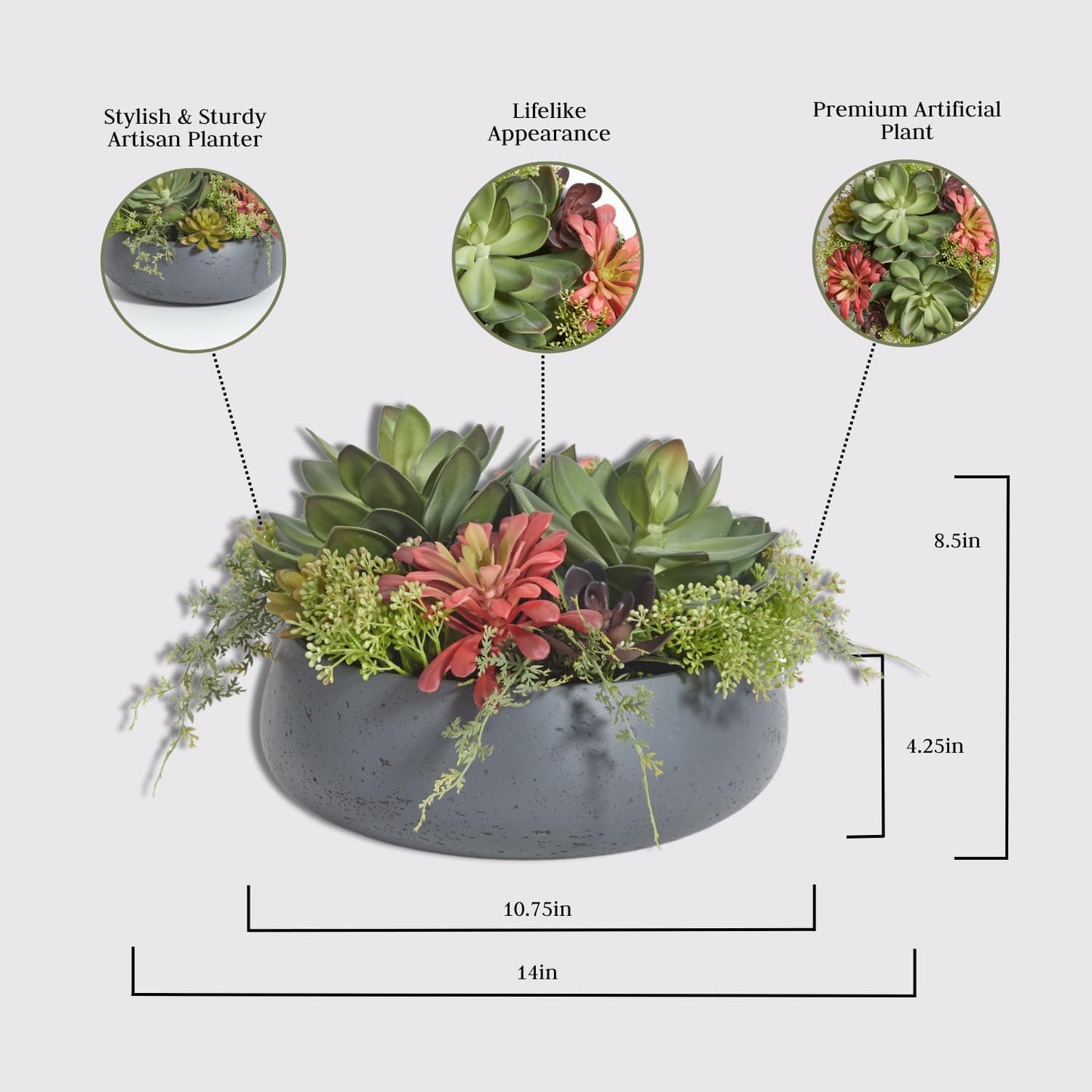 Faux Succulent Arrangement, Premium Artificial Indoor Plant Enhances Interior Design, Display on Any Surface in Your Home Adding an Inviting Touch of Nature, Grey Planter Pot Included