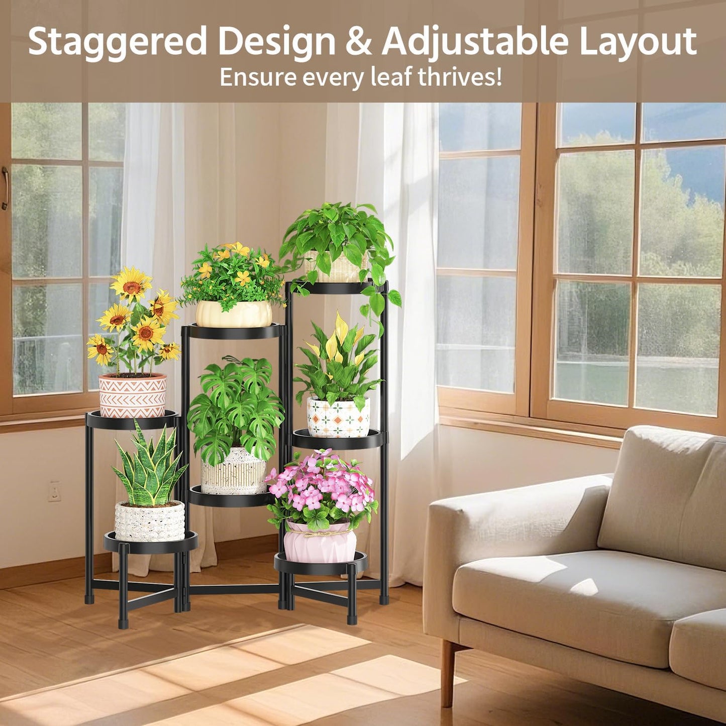 LASZOLA 7 Tiered Folding Plant Stand Indoor for Multiple Large Planter, Tall Heavy Duty Adjustable Rack with Rust Proof Plastic Shelving, Sturdy Vertical Tree Organizer for Narrow Inside Floor, Black
