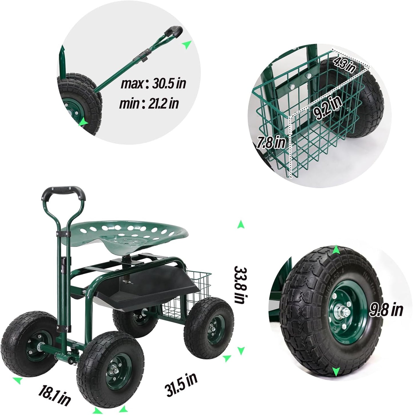 BESTHLS Garden Cart with Seat on Wheels Rolling Gardening Stool with Wheels Heavy Duty for Planting with 360 Degree Swivel Seat Steering Handle & Utility Tool Tray