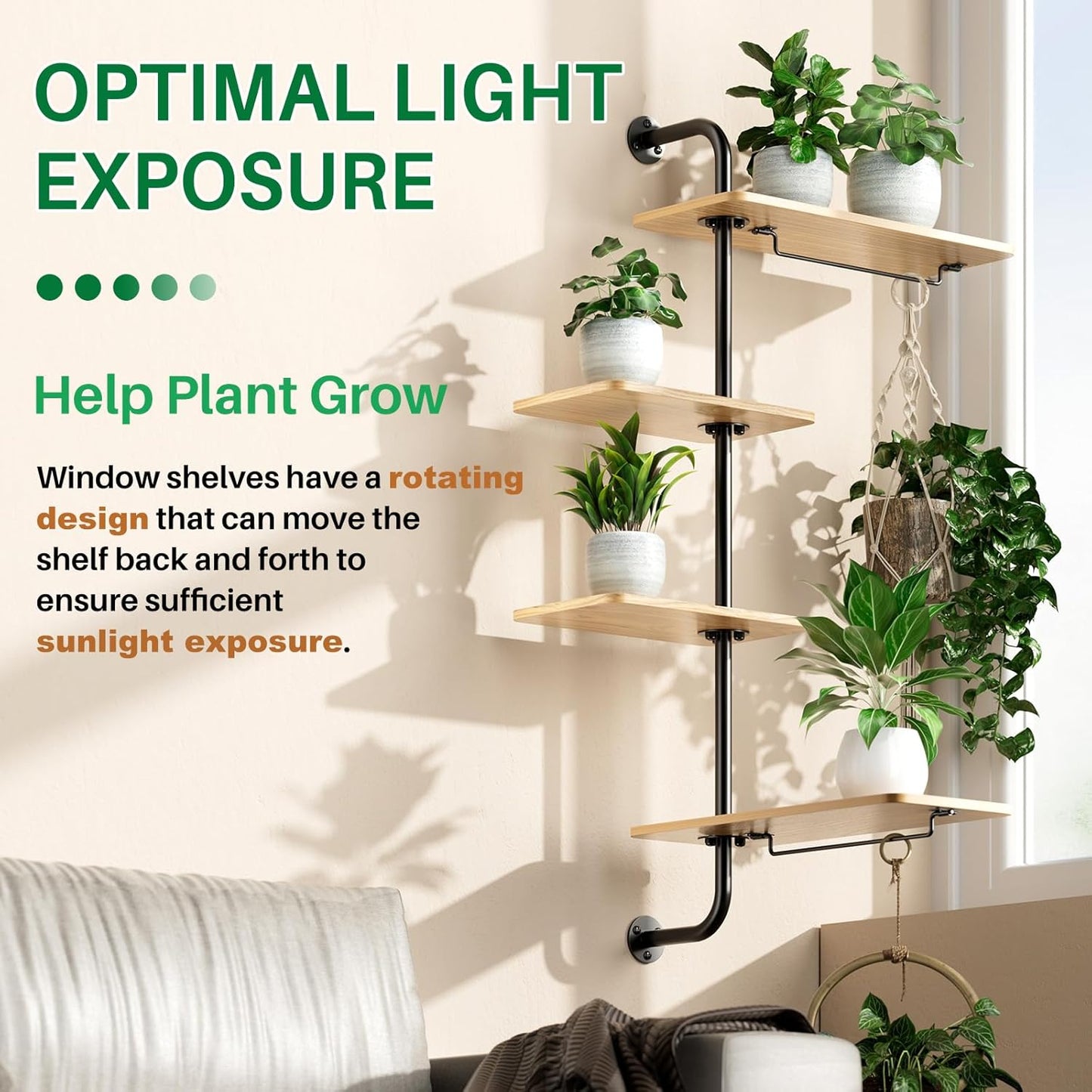 DELLAN Rotating Window Plant Shelves, 4-Tier Plant Shelf for Window, Wall Mounted Indoor Hanging Plants Shelf, Windows Sill Plant Shelf Wall Mounted