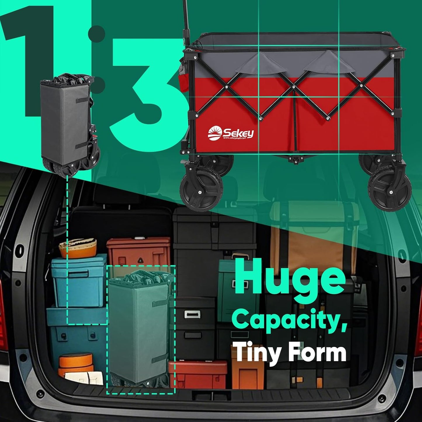 Sekey 220L Collapsible Foldable Wagon with 330lbs Weight Capacity, Heavy Duty Folding Utility Garden Cart with Big All-Terrain Beach Wheels & Drink Holders.Red&Grey