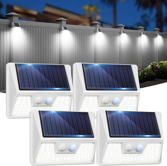 4 Pack Solar Fence Lights Waterproof, Motion Sensor Deck Lights Outdoor, Cold White LED Outside Lights Wireless for Wall Yard Steps Stairs Garden - White