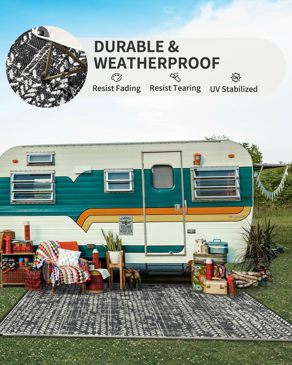 MontVoo Outdoor Rug Waterproof-Patio Rug Mat 6x9 Outdoor Carpet Reversible RV Camping Picnic Plastic Straw Rug Outside Outdoor Area Rug for Balcony Deck Backyard Patio Decor Boho Modern Abstract