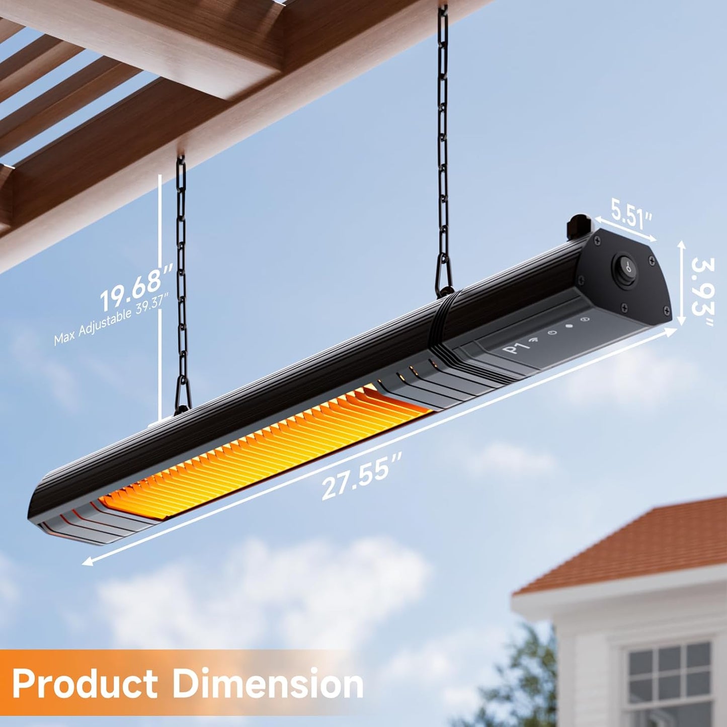 Ceiling Electric Outdoor Heater Wall-Mounted Hanging Patio 1500W Infrared 9 Heat Levels, 24H Timers, 1s Heating Carbon Fiber Tube Wall Heater for Gazebo, Balcony