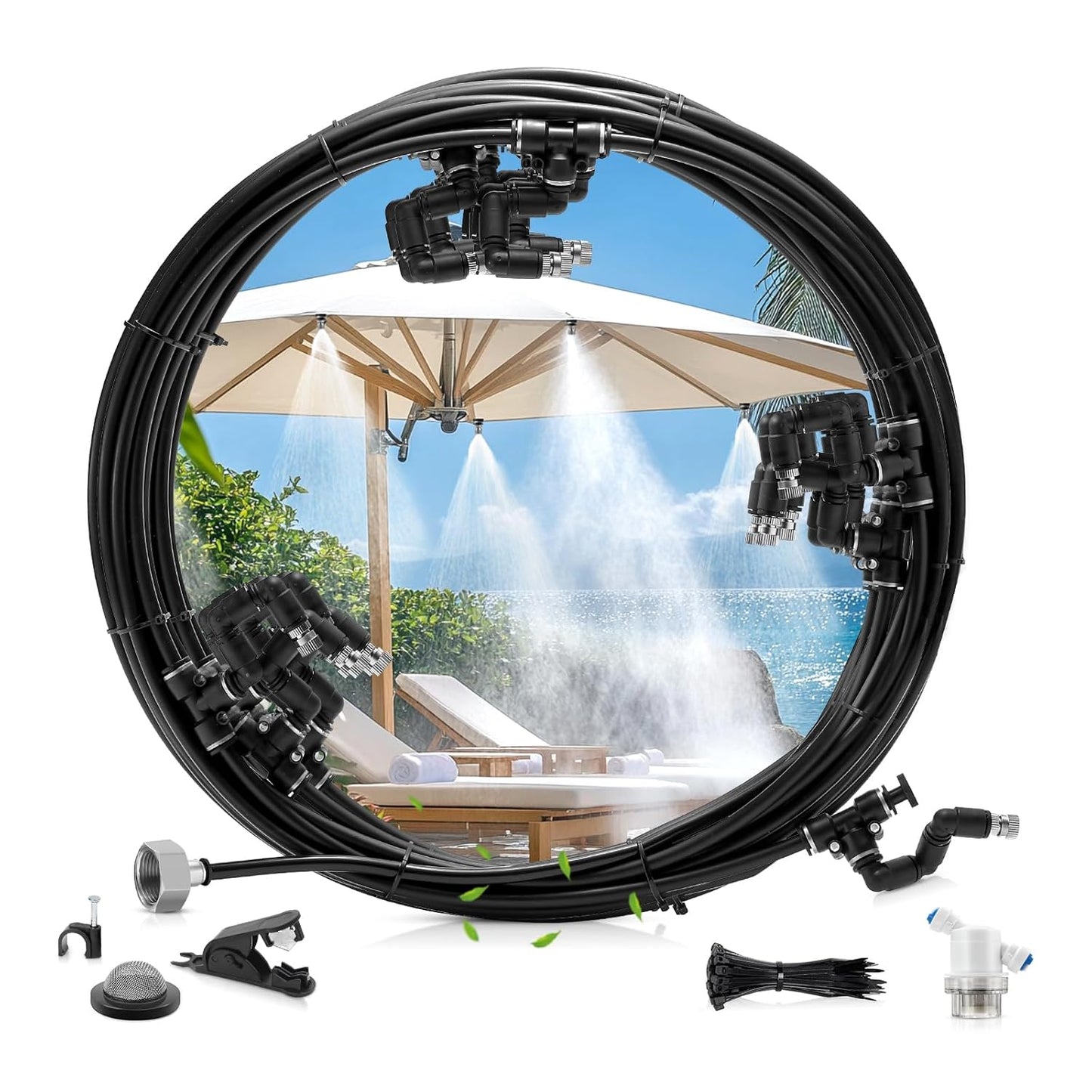 Outdoor Misting Cooling System,49FT (15M) Misting Line + 3/4” Threaded Adapter + 13 Adjustable 360° Nozzles, Garden, Greenhouse, Misters for Outside Patio