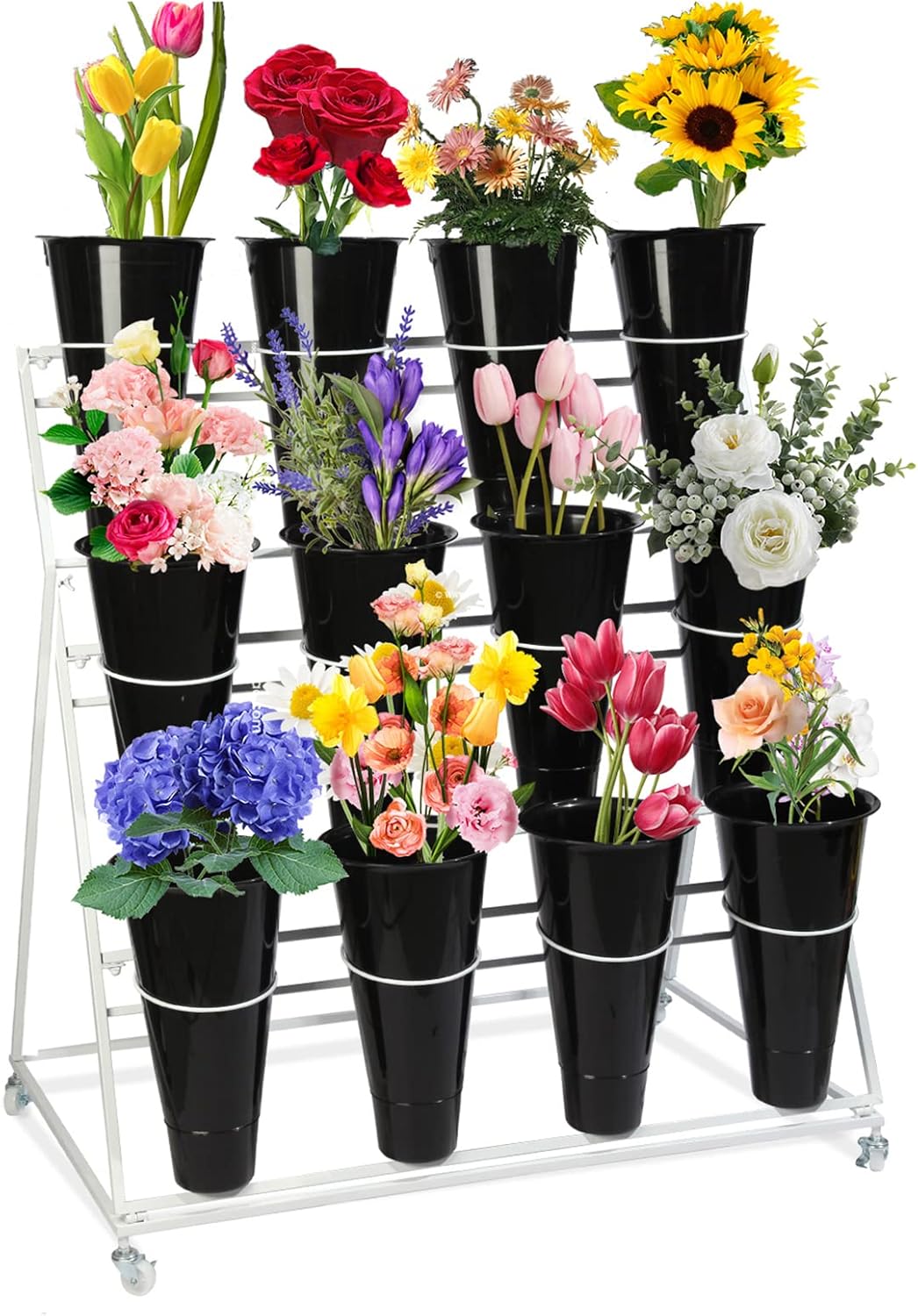 Flower Display Stand with Buckets, 3 layers Metal Plant Stand with Wheels, Moving Florist Bouquet Shelf for Fresh Flower Shop, for Patio Garden, Living Room, Outdoor Flower Pop-Up Events (White Frame - Black Bucket)