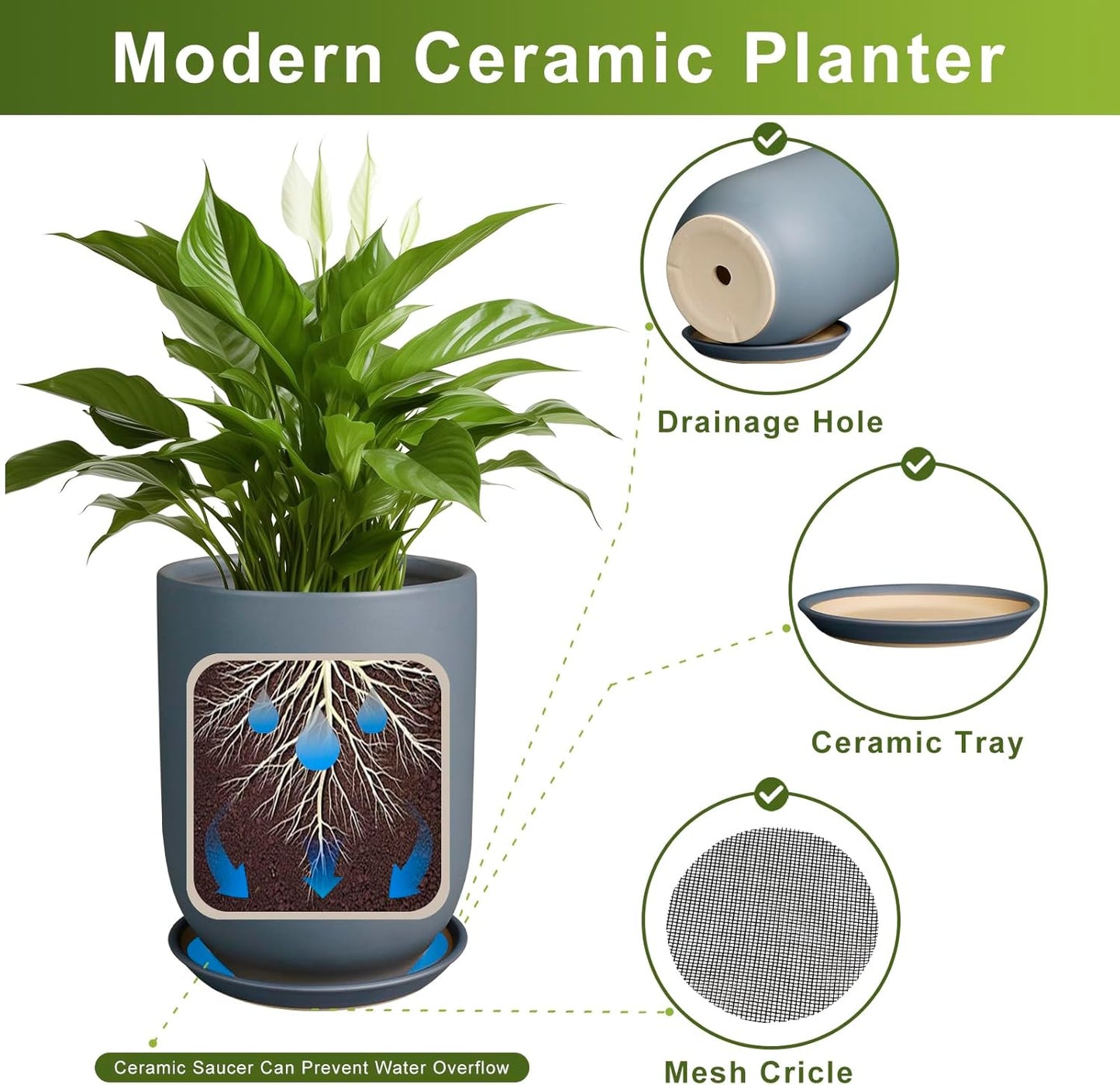 Ceramic Pot for Plants - 8 Inch Plant Pot for Indoor Plants Outdoor Ceramic Planter Large Flower Pot with Drainage Hole and Saucer for Home Garden Decor Gray