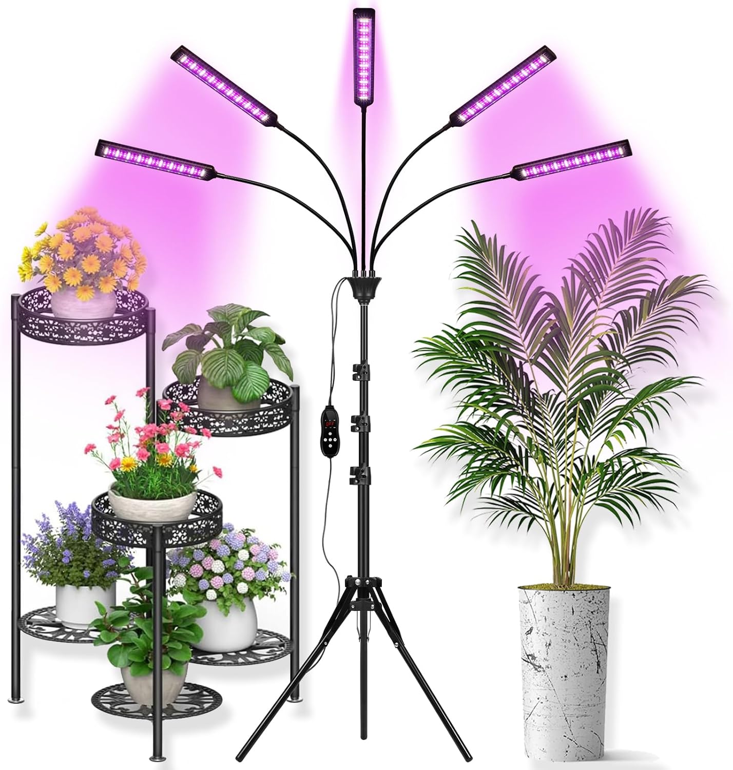 Grow Lights for Indoor Plants 5 Heads, Full Spectrum Plant Lights for Indoor Growing with Tripod Stand, Auto On/Off Timing 1-19H, LED Grow Lights for Indoor Plants. (5 Wide Heads)