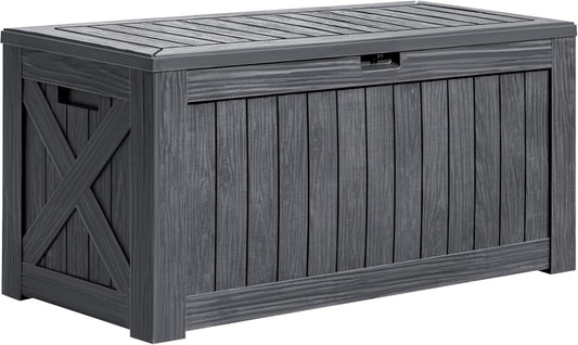 Greesum 120 Gallon Deck Box, Resin Outdoor Storage Container for Patio Furniture, Garden Tools, Pool Accessories, Weatherproof, Lockable, Gray