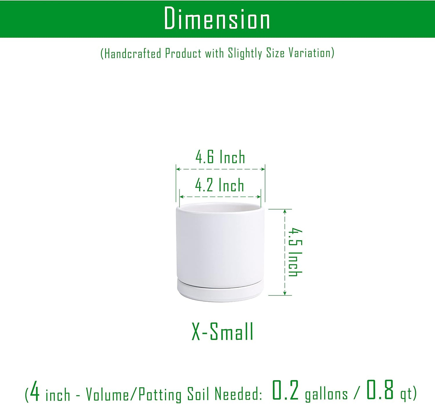D'vine Dev Ceramic Planter Pot with Drainage Hole and Saucer, Indoor Cylinder Round Flower Pot, 4.6 Inch, White, 94-O-B-1