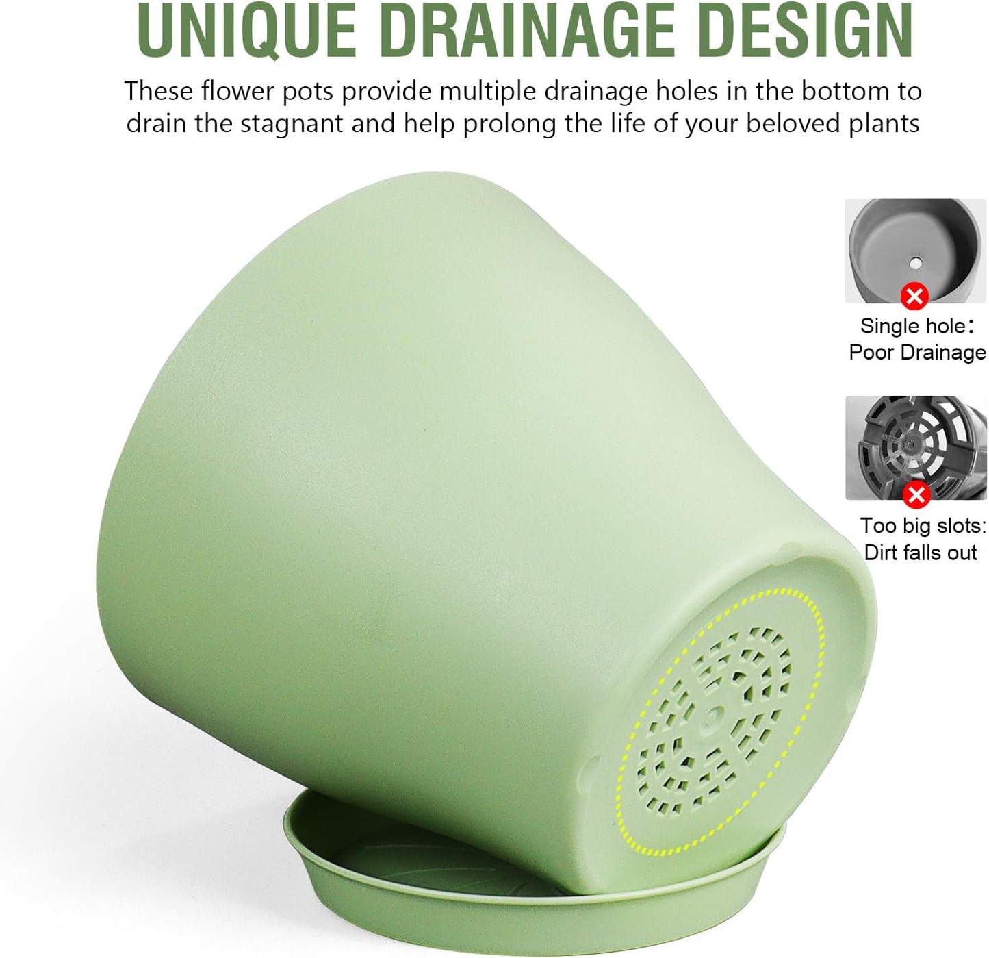 6 inch Plastic Nursery Pots,16 Pack Plant Pots for Small Indoor Outdoor Plants, Flower Pots with Drainage Holes and Saucers, Decorative Seedling Starter Planters for House Plants, Green