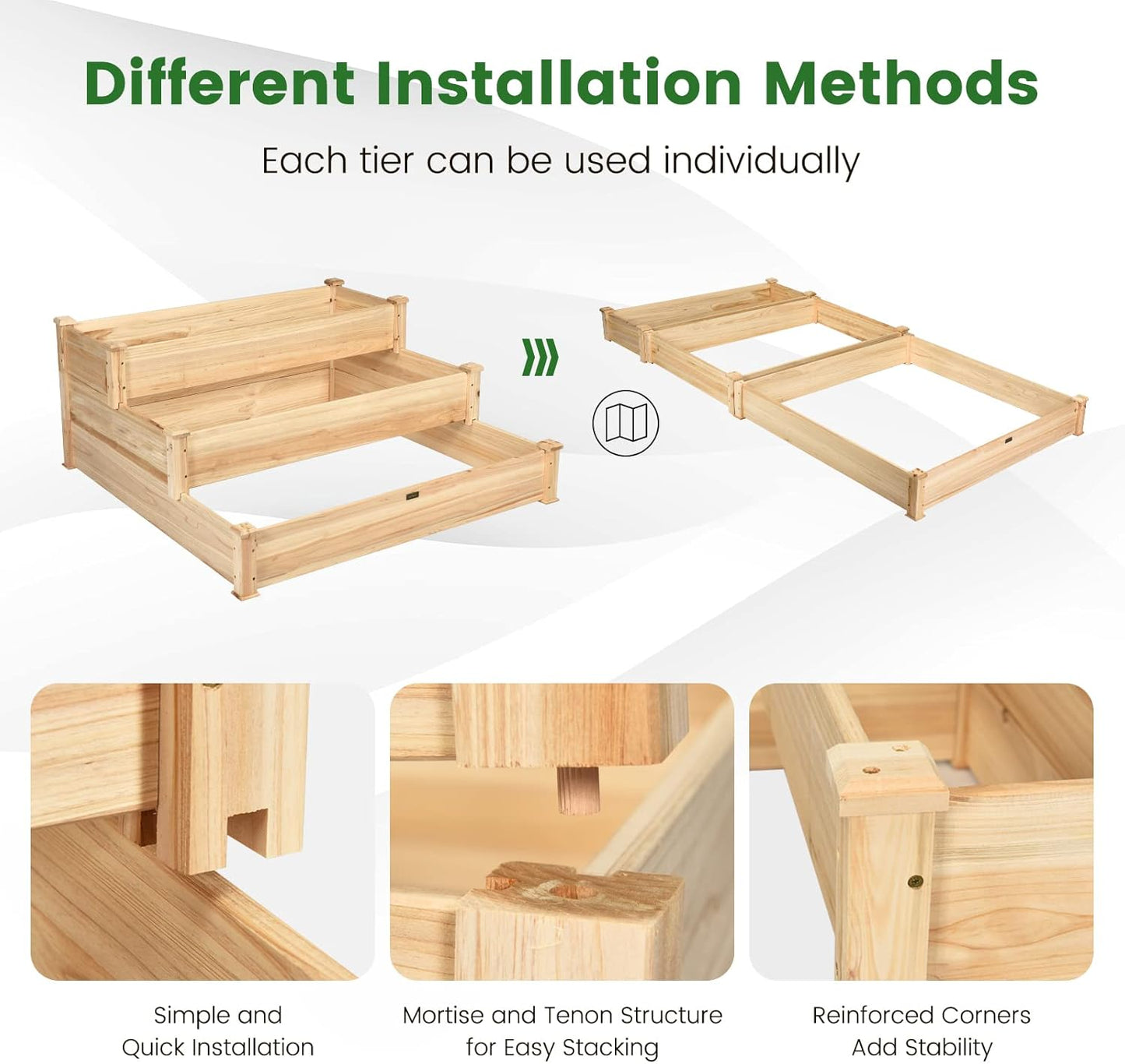 COSTWAY 3-Tier Raised Garden Bed, Wooden Elevated Planter Box for Vegetables Flowers Herbs Fruits, Outdoor Growing Planter Box Stand for Garden, Backyard, Patio, Balcony