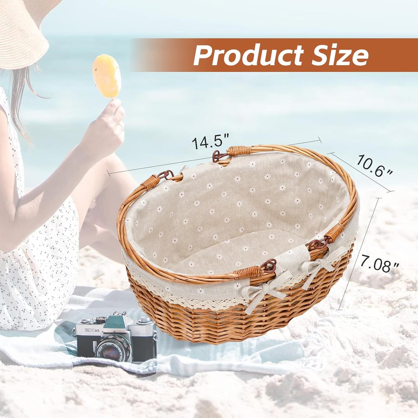 G GOOD GAIN Wicker Picnic Basket with Double Folding Handles,Willow Picnic Hamper,Natural Hand Woven Easter Basket,Easter Eggs and Candy Basket,Bath Toy and Kids Toy Storage,Gift Packing Basket.White